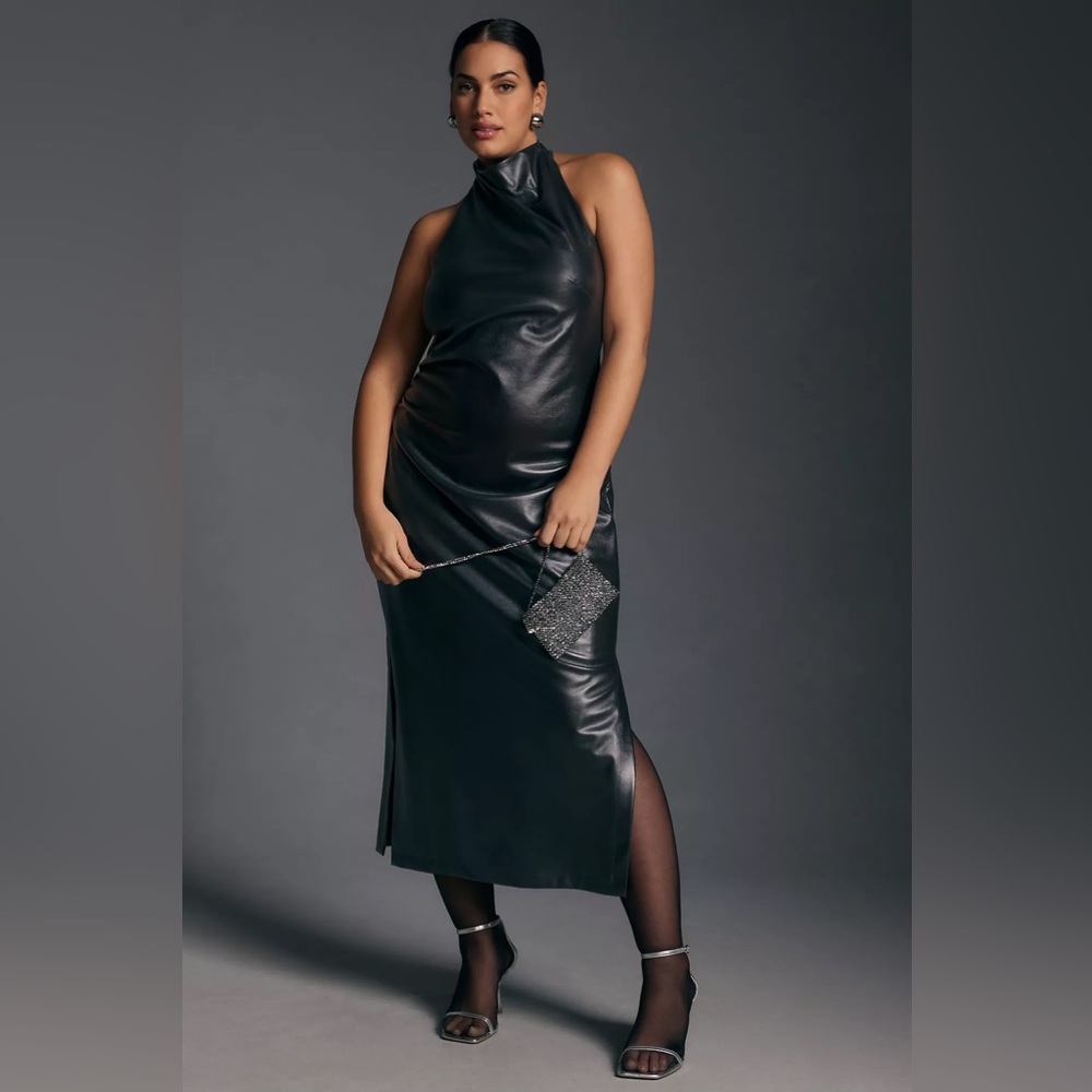 Halter Slim Faux Leather Ruched Midi Dress